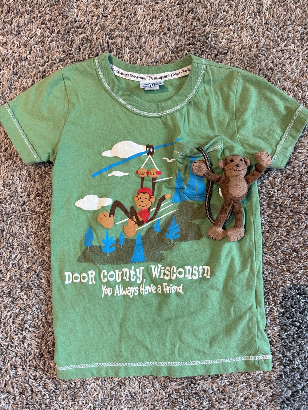 Pocket Pals Green Kids' Door County Wisconsin Monkey Tee
